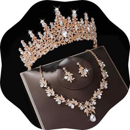 Kamirola Tiaras and Crowns for Women,Tiaras Earrings Necklace, Crystal Bridal Jewelry Set, Costume Jewelry for Women Party Halloween Prom Pageant - color: GOLD WHITE
