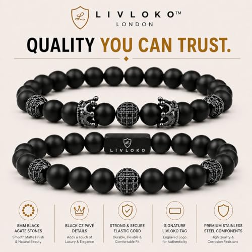 LONDON Mens Bracelet Leather Black Multi-Layer Stone Beads Adjustable Steel Clasp Viking Rope Bands Surfer Man Wristband Male UK Jewellery Gift box Boyfriend Dad Son Brother Tiger Eye - color: J. Designer Black Agate, size: Small to Medium 18-20cm