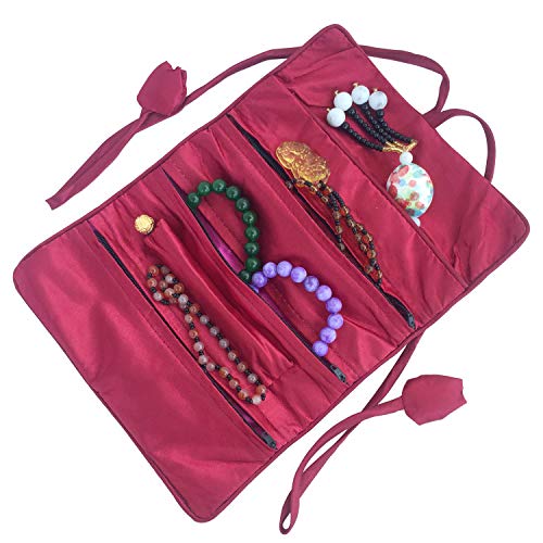 Travel Jewelry Roll Bag - Embroidered Brocade Pouch for Rings, Necklaces, Earrings, Bracelets | Lightweight & Tie Closure (Wine Red) - color: Wine Red