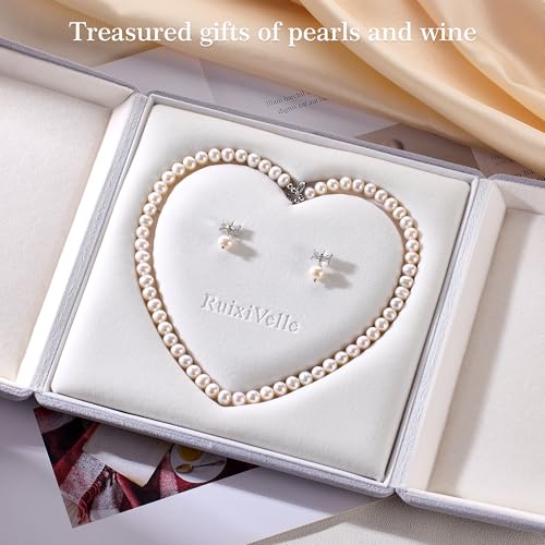 Freshwater Cultured Pearl Necklace Set Includes Cute Bow Pearl Earrings Jewelry for Women - size: 7 to 8mm