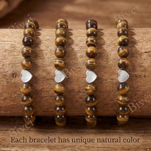 Bivei Crystal Stretch 6mm Bracelets for Women | Handmade Natural Stone Beaded Stretch Bracelet, Stainless Steel Heart Bead, Tranquility Yoga Gift Jewelry for Women - color: Tiger Eye - Empowering