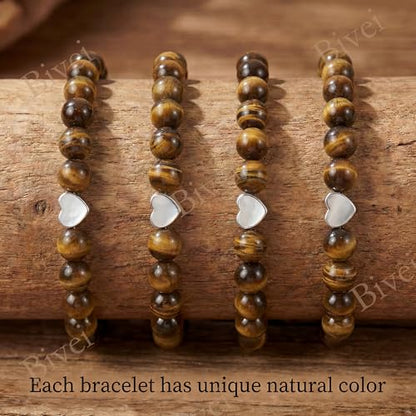 Bivei Crystal Stretch 6mm Bracelets for Women | Handmade Natural Stone Beaded Stretch Bracelet, Stainless Steel Heart Bead, Tranquility Yoga Gift Jewelry for Women - color: Tiger Eye - Empowering