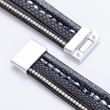 Boho Chunky Leather Wrap Bracelets Stackable Beaded Western Country Jewelry | Crystal Bead Trendy Layered Cuff Magnetic Clasp Stack Bohemian Statement Costume Outfits Cowgirl Fashion Hippie Accessories - color: Black, size: 7.7"