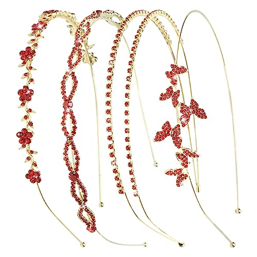 Wecoe 4 Pack Red Rhinestone Headband Flower Girl Bridal Wedding Headband Crystal Headpiece Flower Leaf Butterfly Metal Hairband Girls Hair Accessories For Women Girls Gifts - color: Gold band & red rhinestones