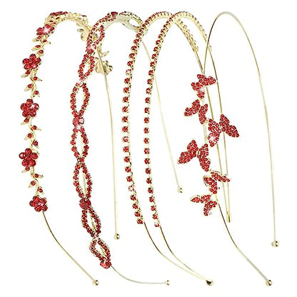 Wecoe 4 Pack Red Rhinestone Headband Flower Girl Bridal Wedding Headband Crystal Headpiece Flower Leaf Butterfly Metal Hairband Girls Hair Accessories For Women Girls Gifts - color: Gold band & red rhinestones