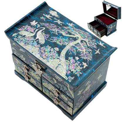 February Mountain Elegant Mother of Pearl Jewelry Box – Handcrafted Wooden Chest with Intricate Butterfly and Crane Designs, 4 Drawer Storage, and Red Velvet Interior – Ideal Gift for Women - style: Crane and Pine Tree - Blue