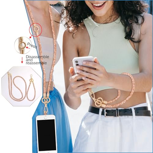 Crystal Phone Strap Crossbody Rhinestone Anti Theft Layered Strap Crossbody Gold Metal Buckles Cell Phone Neck for Women (Peach) - color: Peach