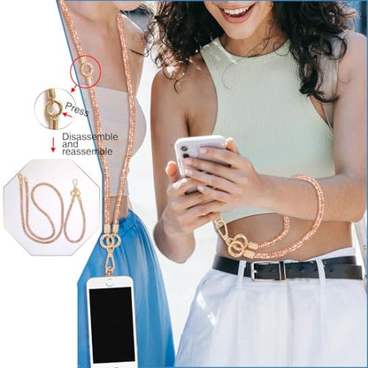 Crystal Phone Strap Crossbody Rhinestone Anti Theft Layered Strap Crossbody Gold Metal Buckles Cell Phone Neck for Women (Peach) - color: Peach