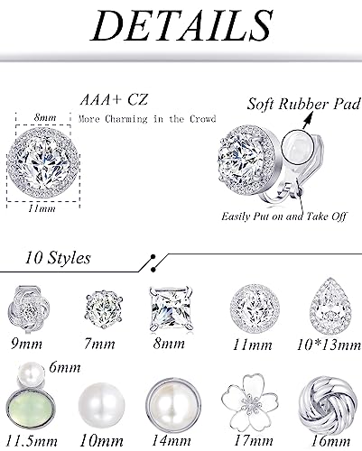 Tornito 10-15 Pairs Clip on Stud Earrings Non Pierced Teardrop Round Square CZ Pearl Twist Knot Flower Butterfly Heart Star Rainbow Cat Opal Clip on Earrings for Women - color: A: Silver Tone