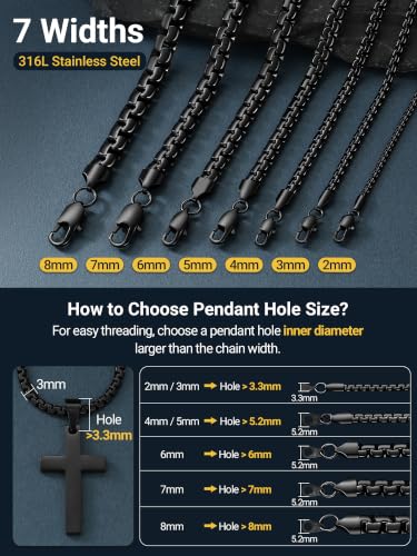 PROSTEEL Stainless Steel Flat Box Link Chain Necklace for Men | Silver/Black/18K Gold Plated,2/3/4/5/6/7/8mm Width Chain with Strong Lobster Clasp/Waterproof Men Women Jewelry with Gift Box - size: 28 inch(71cm), style: 2mm-Cool Black
