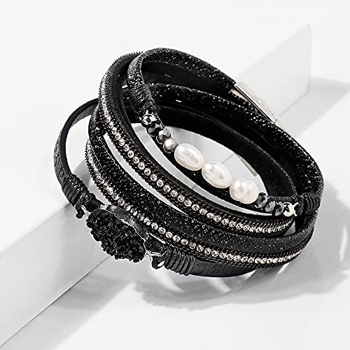 Artilady Leather Wrap Bracelet for Women, Pearl Beaded Bangle Stack Jewelry | Easy on-off, Elegant Handmade Multi-Layered, Daily Casual Date Beach Vacation, Gift for Ladies, Mother, Sister & Friend - style: So She Did, Black