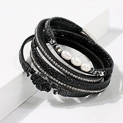Artilady Leather Wrap Bracelet for Women, Pearl Beaded Bangle Stack Jewelry | Easy on-off, Elegant Handmade Multi-Layered, Daily Casual Date Beach Vacation, Gift for Ladies, Mother, Sister & Friend - style: So She Did, Black