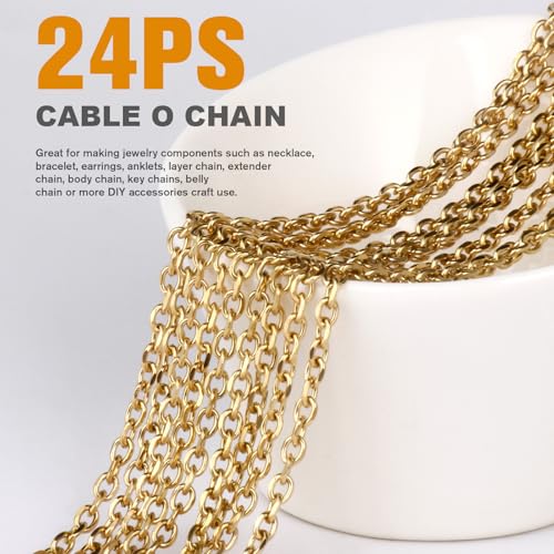 24PCS 18K Gold Plated Rolo Cable Chain Necklace Bulk for Jewelry Making | 2mm 18 inch Finished Stainless Steel Oval Cable Link Chains for Necklace DIY Craft - color: 2.0mm Gold Color