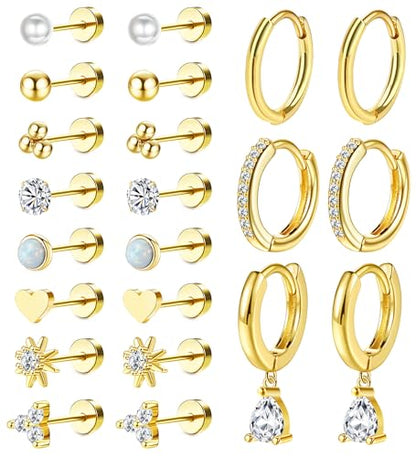 MJust 18 Pairs Earrings Set – Flat Back Stud Hypoallergenic 20G Steel stud | 18 Pairs Flat Back Earrings Set – Hypoallergenic 316L Steel Studs for Cartilage & Lobe Piercings - color: Golden-11P