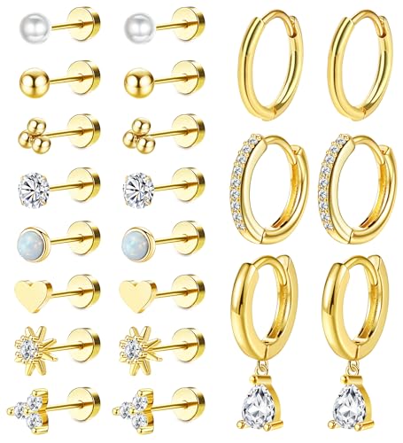 MJust 18 Pairs Earrings Set – Flat Back Stud Hypoallergenic 20G Steel stud | 18 Pairs Flat Back Earrings Set – Hypoallergenic 316L Steel Studs for Cartilage & Lobe Piercings - color: Golden-11P