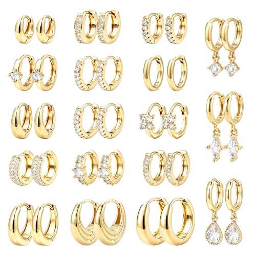 Wgoud 12 Pairs Small 14K Gold Plated Chunky Hoop Earrings for Women Hypoallergenic Lightweight Gold/Silver Hoop Earring Set for Sensitive Ears Trendy Cartilage Huggie Hoops Stacks for Multiple Piercing Jewelry - color: Gold-18 pairs