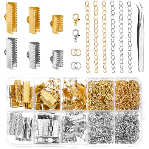 373 Pcs Ribbon Bracelet Kit for Jewelry Making, Ribbon End Crimps, Ribbons Ends Crimps Open Jump Rings Lobster Clasps and Chain Extenders, Bookmark Pinch, Choker Necklace