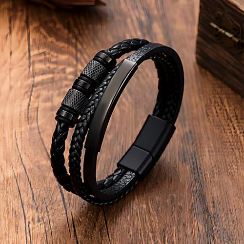 Italian Handmade Leather Bracelets for Men - color: Pure Black, size: 8.2"