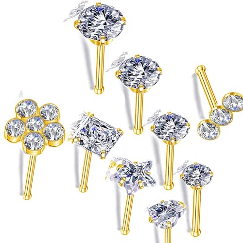 Nose Rings & Studs - 18g, 20g, 22g 14K Gold Bone Nose Studs for Women in Titanium Steel - color: 20g 9pcs Gold Bone Shaped 316L Surgical Steel