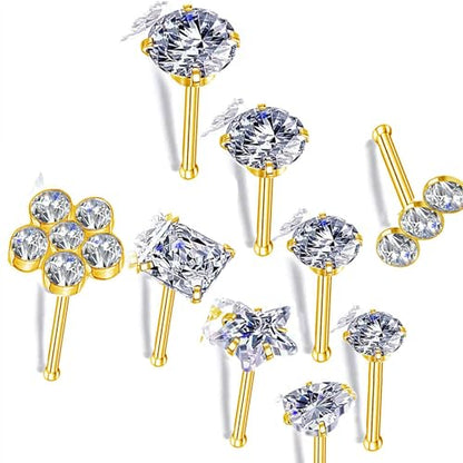 Nose Rings & Studs - 18g, 20g, 22g 14K Gold Bone Nose Studs for Women in Titanium Steel - color: 20g 9pcs Gold Bone Shaped 316L Surgical Steel