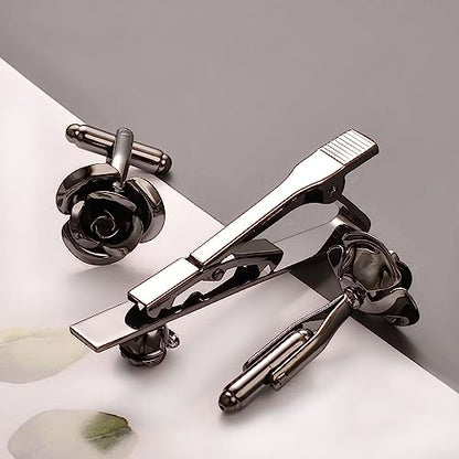 Pearl Rose Tie Clip Cufflinks Set for Men Gold Silver Gun-black Cufflinks and Tie Clip Groom Wedding Business Jewelry - style: Rose Set-Black