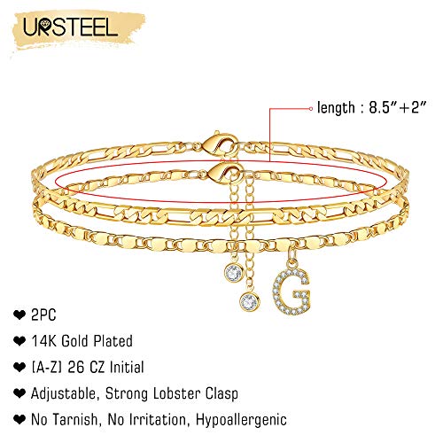 Ursteel Ankle Bracelets for Women, 14K-Gold-Plated Dainty Layered Chain CZ Initial Anklets Set Summer Jewelry Gifts for Women - style: G-Gold-Plated