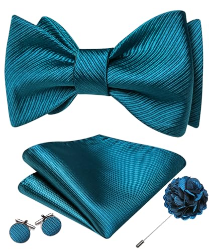 YOHOWA Bow Ties for Men Self-tied Silk Bowtie Solid Color with Lapel Pin and Handkerchief Cufflinks for Wedding Party Prom - color: Teal Blue