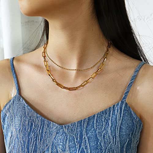 Elegance 11 designs Gold/Silver Stainless Steel Layered Set Necklace Square Linear Paperclip Figaro Chain Flat Chain Thick Short Metal Men's Women's Pop Necklace - color: Gold 2 Layers