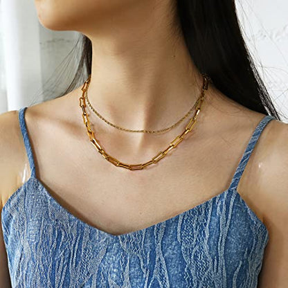 Elegance 11 designs Gold/Silver Stainless Steel Layered Set Necklace Square Linear Paperclip Figaro Chain Flat Chain Thick Short Metal Men's Women's Pop Necklace - color: Gold 2 Layers