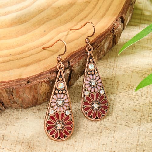 Bohemian Crystal Teardrop Dangle Earrings, Copper, Tribal Geometric Design, Handmade National Style for Women - color: Purple & Red