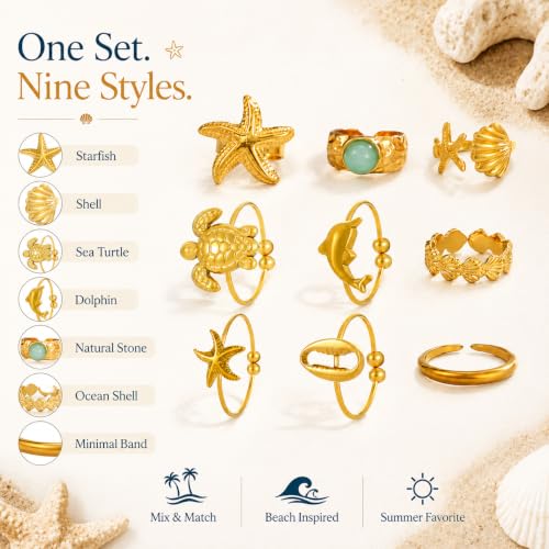9Pcs Gold Toe Rings for Women Non Tarnish 18K Gold Plated Stainless Steel Toe Rings Adjustable Starfish Shell Ring Summer Beach Waterproof Foot Jewelry