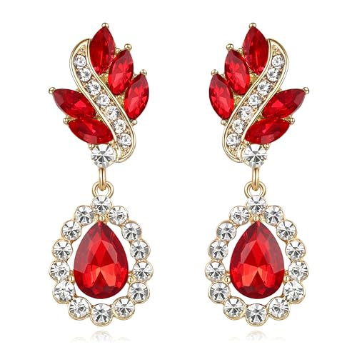 EleQueen Women's Austrian Crystal Art Deco Tear Drop Dangle Earrings Clip-on - color: 02-Gold-tone Ruby Color