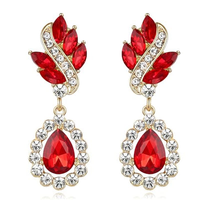 EleQueen Women's Austrian Crystal Art Deco Tear Drop Dangle Earrings Clip-on - color: 02-Gold-tone Ruby Color