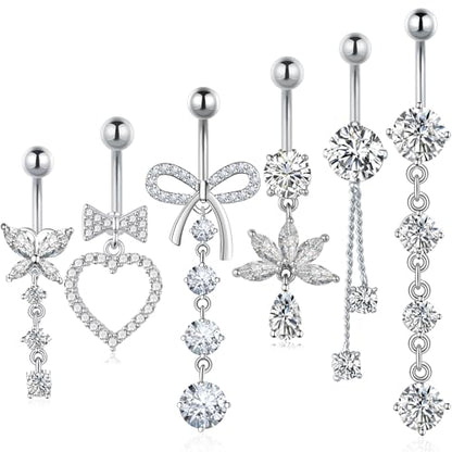 Dangle Belly Button Ring Surgical Stainless Steel Dangly Belly Rings for Women Dangling Heart Bow Butterfly Navel Belly Piercing Jewelry 14G - color: Silver Tone