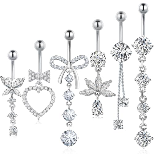 Dangle Belly Button Ring Surgical Stainless Steel Dangly Belly Rings for Women Dangling Heart Bow Butterfly Navel Belly Piercing Jewelry 14G - color: Silver Tone