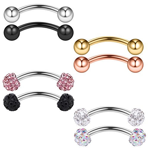 Ruifan 8PCS 20G Crystal Ferido & Shiny Ball Curved Barbell Eyebrow Ear Ring Body Piercing Jewelry 8mm 10mm - style: 8PCS - 10mm Mix Color