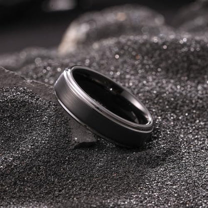 King Will Mens Brushed Wedding Band, Two Tone Matte Step Edges/Pipe Cut, Tungsten Carbide Anniversary Promise Rings Comfort Fit - color: Black&Silver Edge-6mm