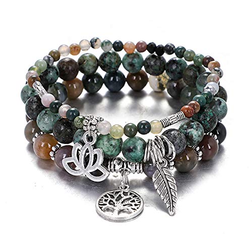 Tree of Life Yoga Healing Stone Bracelets,Multilayer Lotus Chakra Stone Reiki Bracelet Sets,Anxiety Crystal Natural Stone,for Women Stress Relief - style: Style 4 India+African Turquoise