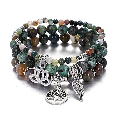 Tree of Life Yoga Healing Stone Bracelets,Multilayer Lotus Chakra Stone Reiki Bracelet Sets,Anxiety Crystal Natural Stone,for Women Stress Relief - style: Style 4 India+African Turquoise