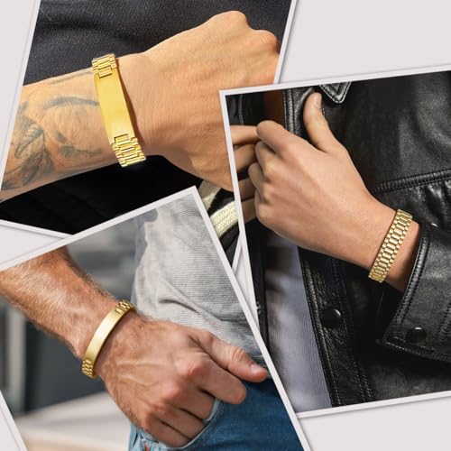 ChainsHouse Men Stainless Steel Bracelet Adjustable Custom ID Engraved Gift | Personalized Silver/Gold/Black for Birthday Father Husband Boyfriend with Gift Box Adjustable Tool 10mm/15mm/15.5mm 8.3"/8.7" - color: I.15mm Width-Gold-No Custom