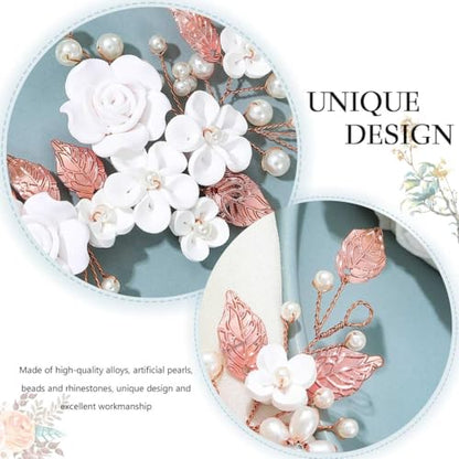 CASDRE Flower Bride Wedding Hair Vine Pearl Bridal Headpiece Leaf Hair Accessories Hair Piece for Women and Girls (C Rose Gold) - color: C Rose Gold