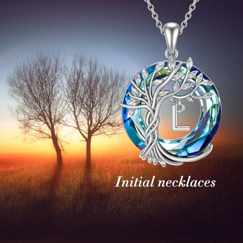 TOUPOP Gifts for Women Tree of Life Initial Necklace 925 Sterling Silver Letter Pendant with Blue Crystal Birthday Jewelry Gifts for Women Her Mom Wife Daughter - color: Tree of Life L Initial
