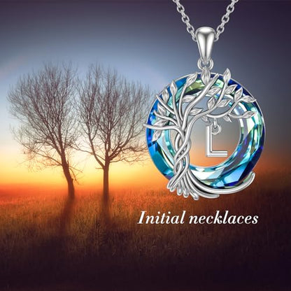 TOUPOP Gifts for Women Tree of Life Initial Necklace 925 Sterling Silver Letter Pendant with Blue Crystal Birthday Jewelry Gifts for Women Her Mom Wife Daughter - color: Tree of Life L Initial