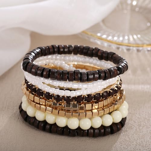 LUREME Boho Multi Strand Stackable Stretch Bracelet Set Wooden Cube Alloy Bead Bangle bl003172 - color: Dk Brown