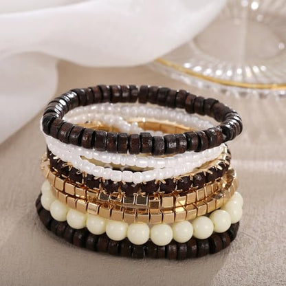 LUREME Boho Multi Strand Stackable Stretch Bracelet Set Wooden Cube Alloy Bead Bangle bl003172 - color: Dk Brown