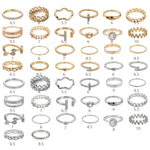 42-Piece Gold Tone Stackable Ring Set for Women, Boho Minimalist Stacking Rings with Crystal & Heart Accents, Adjustable Open Band Jewelry for Daily Wear - style: ZH00096