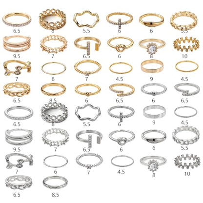 42-Piece Gold Tone Stackable Ring Set for Women, Boho Minimalist Stacking Rings with Crystal & Heart Accents, Adjustable Open Band Jewelry for Daily Wear - style: ZH00096