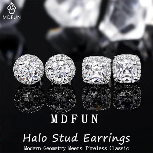 MDFUN Halo Stud Earrings 18K Gold Plated Round/Square/Heart/Teardrop Cubic Zirconia Earrings Set for Women - color: A-Round/Square