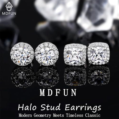 MDFUN Halo Stud Earrings 18K Gold Plated Round/Square/Heart/Teardrop Cubic Zirconia Earrings Set for Women - color: A-Round/Square