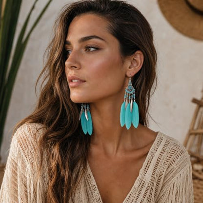FRESHME Feather Earrings for Women - Native American Jewelry Boho Dangle Ethnic Indian Ear Drop for Music Festival Birthday - color: Blue